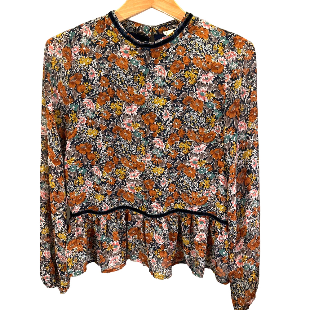 Loveriche medium blue velvet floral ruffle peplum Boho blouse